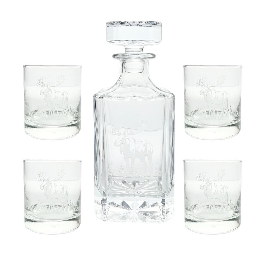 5-Piece Moose Elk Antlers Etched Decanter & Old Fashion Tumbler Set, Barware
